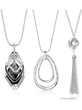 Womens 3PC Long Pendant Necklace Set Tassel Y Necklace Sweater Chain